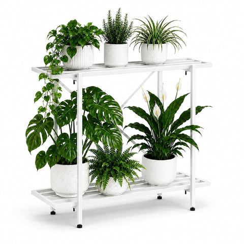 2-Tier Metal Plant Stand | 35x10 Inch | 100kg Capacity | Heavy Duty Garden Stand for Pots with X-Shaped Support | Rustproof Coating, Adjustable Feet | Indoor & Outdoor Balcony Garden Display