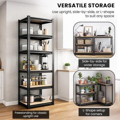 6-Tier Multipurpose Storage Rack | Bolt-Free Assembly | Metal Stand With Thick MDF Board | 175kg Capacity Per Shelf | 72x16x16 Inch Adjustable Shelf Rack for Home, Garage & Shop | Black