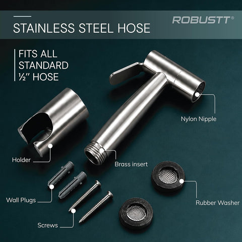 Stainless Steel High Pressure Health Faucet Jet Spray Gun For Toilet With & Wall Holder | (Silver) Rust-Proof | Leakproof Hand Flush Gun For Toilet, Bathroom Cleaning