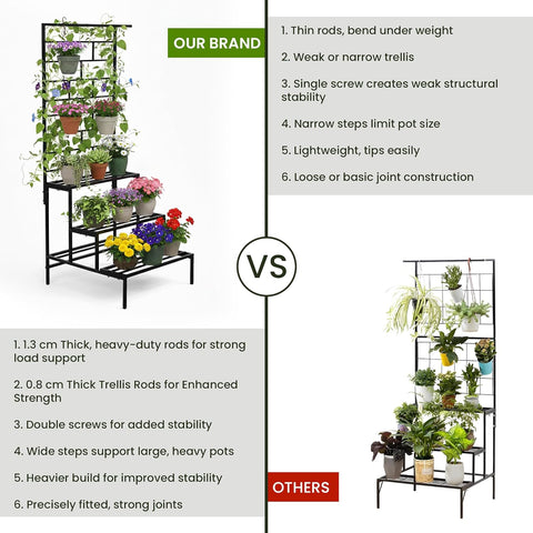 4 Tier Metal Plant Stand with Trellis & Hanging Rod | Black | Heavy Duty, Rust-Resistant Plant Rack for Indoor Living Room & Outdoor Balcony