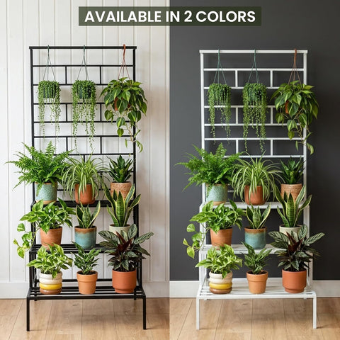 4 Tier Metal Plant Stand with Trellis & Hanging Rod | Black | Heavy Duty, Rust-Resistant Plant Rack for Indoor Living Room & Outdoor Balcony