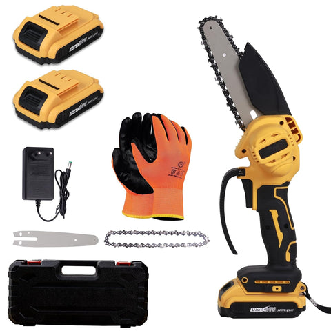 Robustt Handheld Cordless Chainsaw Machine with Safety Lock | 2 Rechargeable 21V Lithium Batteries With Charger | Super Sharp Wood Cutting Machine Chain | Overheating Protection Brushless Motor