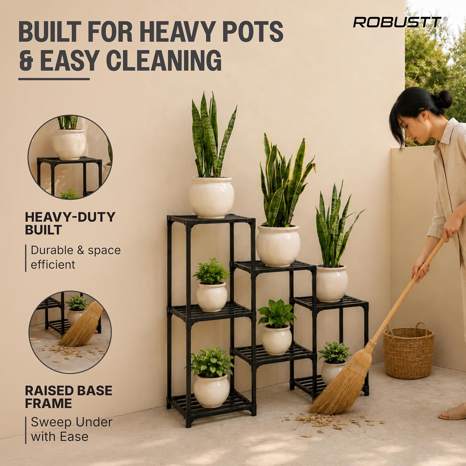 Robustt Heavy-Duty 7 Tier Metal Plant Stand for heavy pots & easy cleaning