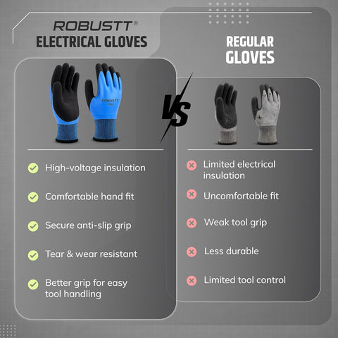 Robustt electrical gloves versus regular gloves for high-voltage insulation, comfortable fit, anti-slip grip, tear resistance, and good tool handling.