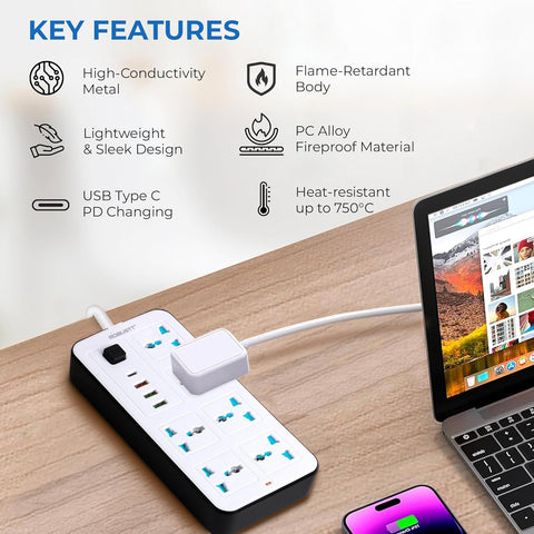 Robustt 6‑Outlet Extension Board with 3 USB & 1 Fast Charging Type-C Port | 1.7 m Cable | Wall Mountable Extension Board with On/Off Switch | 2500W Multi Plug Extension Cord for Home & Office