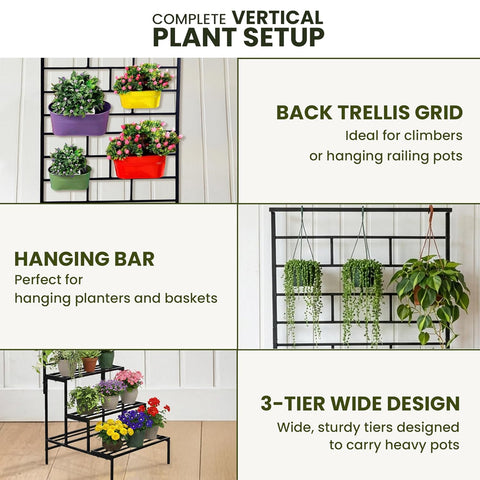 4 Tier Metal Plant Stand with Trellis & Hanging Rod | Black | Heavy Duty, Rust-Resistant Plant Rack for Indoor Living Room & Outdoor Balcony