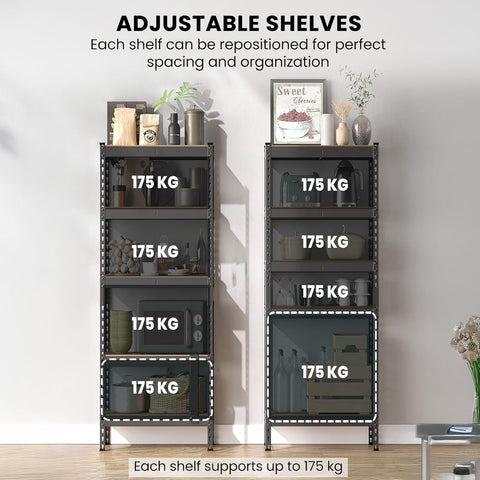 5-Tier Multipurpose Storage Rack | Bolt-Free Assembly | Metal Stand With Thick MDF Board | 175kg Capacity Per Shelf | 63 x 16 x 16 IN Adjustable Shelf Rack for Home, Garage & Shop | Black