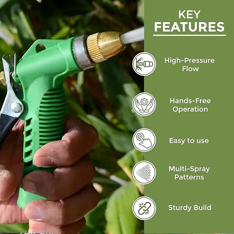 ROOTS & LEAF High-Pressure Garden Water Spray Gun – 3 Adjustable Spray Patterns | Hands-Free Operation, Durable Brass Nozzle for Car Washing, Plant Watering, and Pet Cleaning