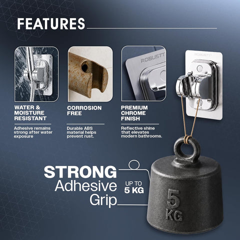 Self Adhesive Jet Spray & Hand Shower Holder For Bathroom (Silver) | Chrome Finish ABS Faucet Holder With 45° Tilt | No Drill Easy To Install Wall Mount | Water Resistant & Durable
