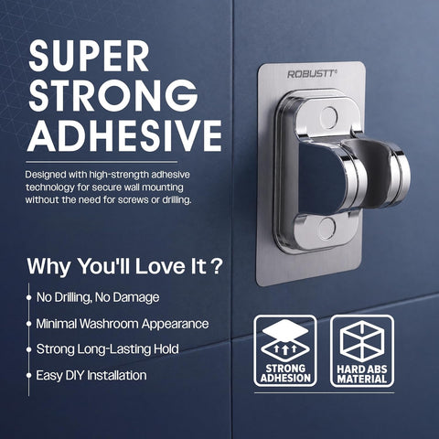 Self Adhesive Jet Spray & Hand Shower Holder For Bathroom (Silver) | Chrome Finish ABS Faucet Holder With 45° Tilt | No Drill Easy To Install Wall Mount | Water Resistant & Durable