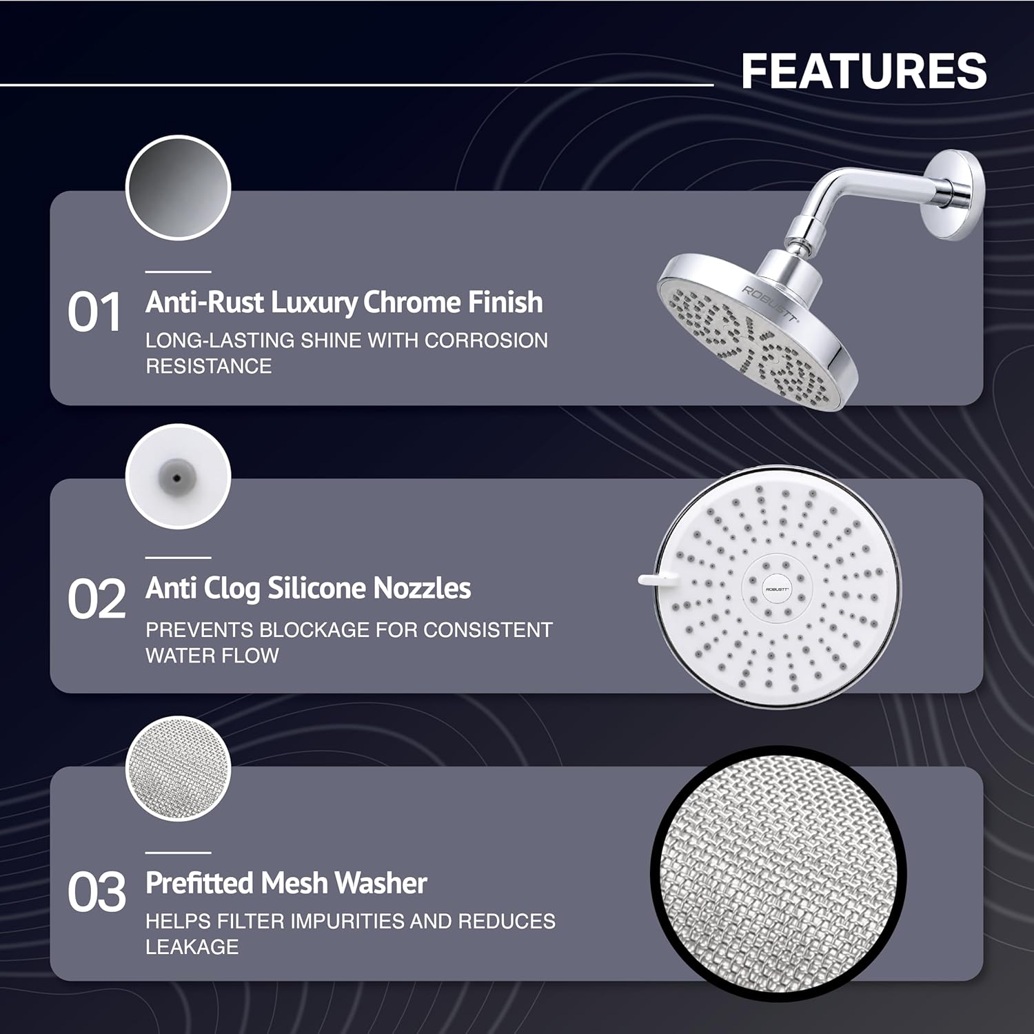 Shower head features - anti-rust, anti clog, and prefitted mesh washer 
