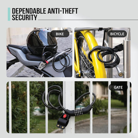 5 Digit Resettable Combination Lock with Mounting Bracket | 1.2m Long, 10mm Thick Cut-Resistant Braided Steel with PVC Coating | Keyless Number Lock for Cycle, Bike, Helmet & Gate
