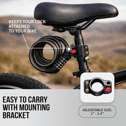 5 Digit Resettable Combination Lock with Mounting Bracket | 1.2m Long, 10mm Thick Cut-Resistant Braided Steel with PVC Coating | Keyless Number Lock for Cycle, Bike, Helmet & Gate