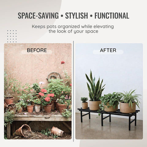 Before and after comparison of potted plants on a table and a stand