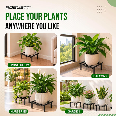 Square Metal Plant Stand | 25.4 × 25 × 13 cm | Supports Upto 200 kg | Flower Pot Stand for Balcony, Garden, Indoor & Outdoor Use | Decorative Planter Stand for Home| Black