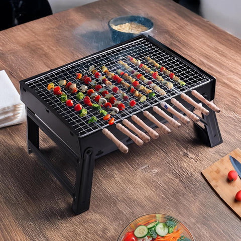 Orren Living Portable and Foldable Standing Barbeque Grill Set with 12 Skewers for Home, Picnic,Outdoor Camping,Travelling,Charcoal BBQ Tandoor Grill Set, Black