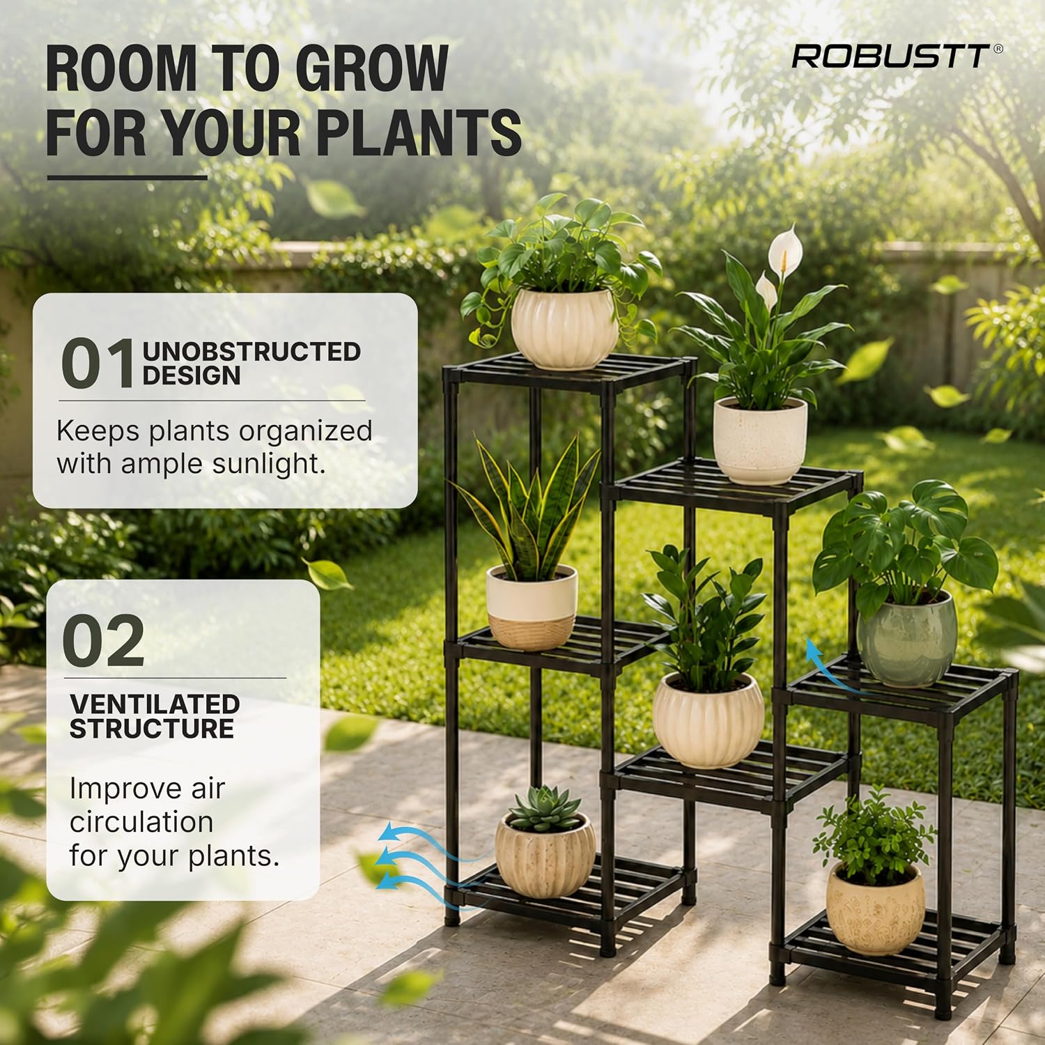 A black metal multi-tier plant stand holding several potted green plants.