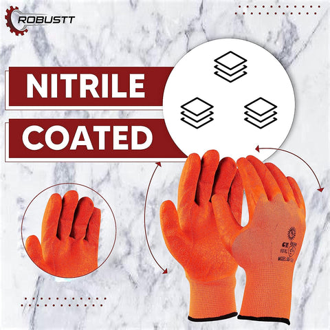 Robustt Nylon Nitrile Half Coated (Back Also) Industrial Safety Hand Gloves Anti-Cut, Cut Resistant, Heat Resistant, Industrial Use, for Finger and Hand Protection
