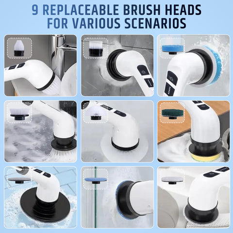 Electric Spin Scrubber Bathroom Cleaning Brush Long Extension Handle 9 in 1 Head