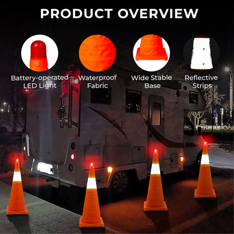 Robustt Reflective Foldable Road Safety Traffic Cone With Red Warning Light (28 Inches)