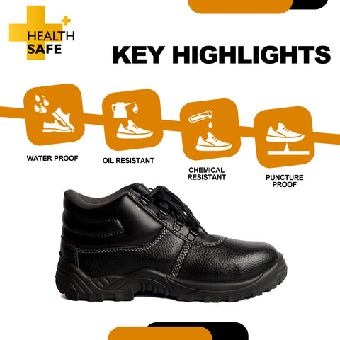 Health Safe High Ankle Safety Shoes for Men & Women, Synthetic Leather Upper, Steel Toe Leather Safety Shoe (Black)