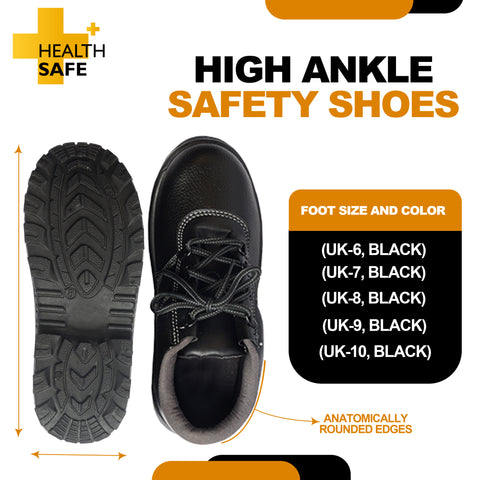 Health Safe High Ankle Safety Shoes for Men & Women, Synthetic Leather Upper, Steel Toe Leather Safety Shoe (Black)