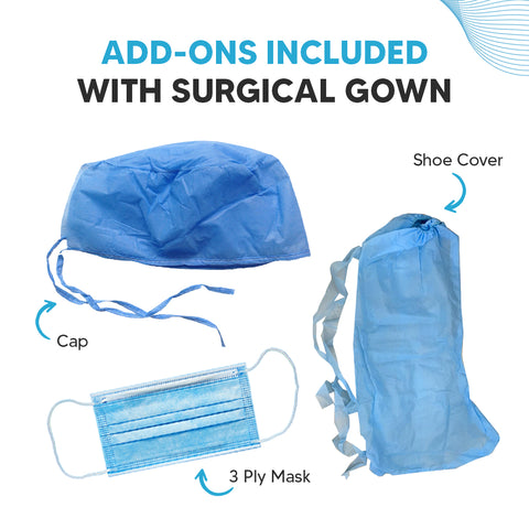 Care View Non Woven Disposable Smms Fabric Surgical Gown Set With 1 Cap, 1 Mask & 1 Pair Of Leg Protector, Breathable Fabric, 45 GSM, Knitted Cuff, Fluid & Lint Resistant, Size Universal (Blue)