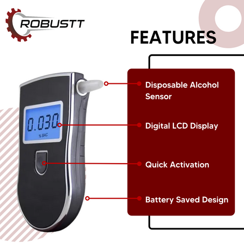 Robustt Alcohol Tester Black Advance Digital LCD Display Portable Breathalyzer with 5 Mouthpieces (Model 1)