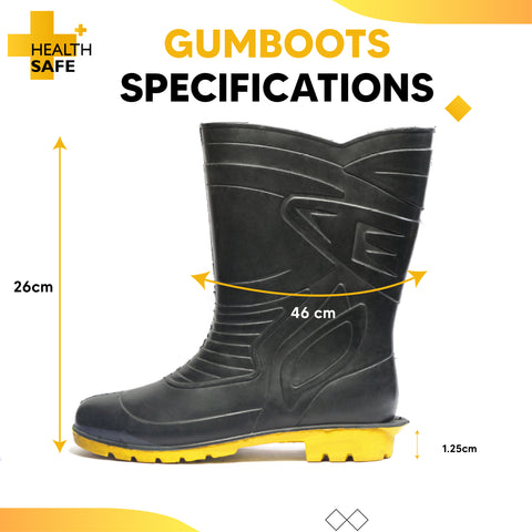 Health Safe Gum Boot For Men, (28.5cm Height) (Black/Yellow) Flexible PVC, Oil/Water/Acid Resistance, Industrial/Labor/Worker Purpose, Unisex Gumboot