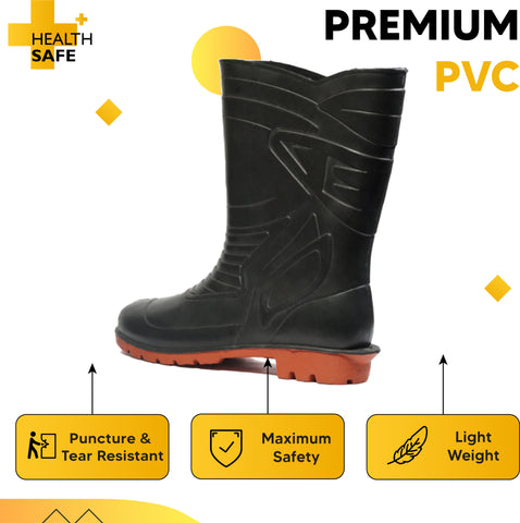 Health Safe Gum Boot For Men, (28.5cm Height) (Black/Red) Flexible PVC, Puncture & Tear Resistant, Anti-Slip, Oil/Water/Acid Resistance, Lightweight, Industrial/Labor Purpose, Unisex Gumboot
