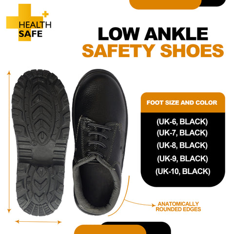 Health Safe Low Ankle Safety Shoes For Men & Women, Synthetic Leather Upper, Steel Toe Leather Safety Shoe (Black)