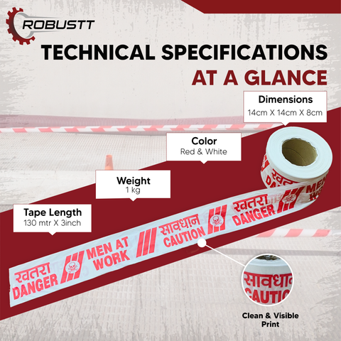 Robustt White & Red Barrication Tape (3 Inches x 130 Mtr) PVC Material, Caution/Danger/Men at Work, Warning Tape