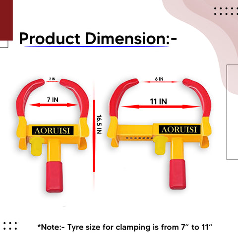 Robustt Wheel Lock, Red & Yellow, Anti-Theft Painted Tyre Lock with 3 Keys, Cold Rolled MS Steel Adjustable Heavy Duty, Wheel Lock for Car