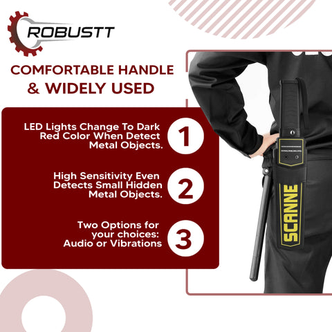Robustt High Sensitivity Hand Held Metal Detector Leather case on Handle with Battery Included Alarm Mode -Sound, Vibration & Led Lights for Malls,  Airports, Railway Stations, Banks