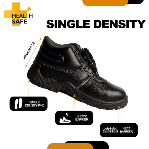 Health Safe High Ankle Safety Shoes for Men & Women, Synthetic Leather Upper, Steel Toe Leather Safety Shoe (Black)