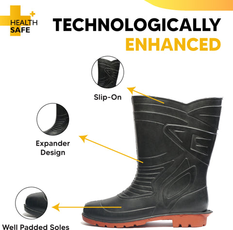 Health Safe Gum Boot For Men, (28.5cm Height) (Black/Red) Flexible PVC, Puncture & Tear Resistant, Anti-Slip, Oil/Water/Acid Resistance, Lightweight, Industrial/Labor Purpose, Unisex Gumboot