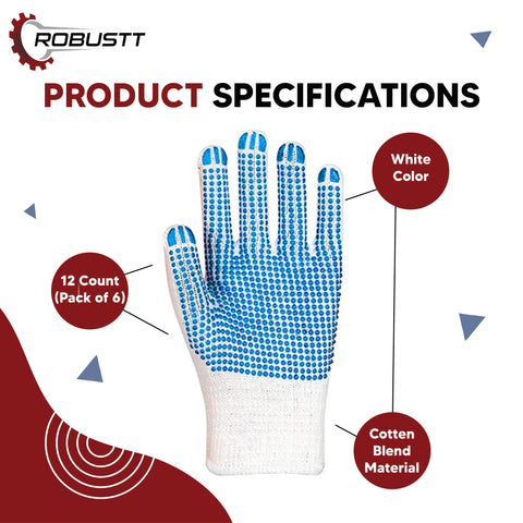 Robustt Cotton Hand Gloves Coated with PVC Dots For Industrial Work