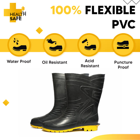 Health Safe Gum Boot For Men, (28.5cm Height) (Black/Yellow) Flexible PVC, Oil/Water/Acid Resistance, Industrial/Labor/Worker Purpose, Unisex Gumboot