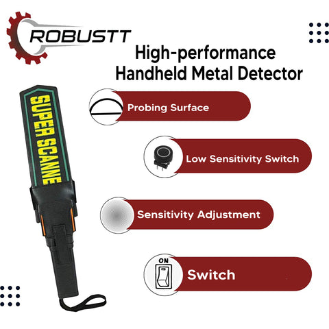 Robustt High Sensitivity Hand Held Metal Detector Leather case on Handle with Battery Included Alarm Mode -Sound, Vibration & Led Lights for Malls,  Airports, Railway Stations, Banks