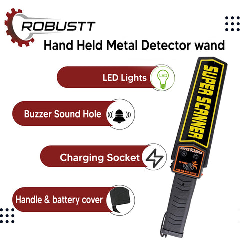 Robustt High Sensitivity Hand Held Metal Detector Leather case on Handle with Battery Included Alarm Mode -Sound, Vibration & Led Lights for Malls,  Airports, Railway Stations, Banks