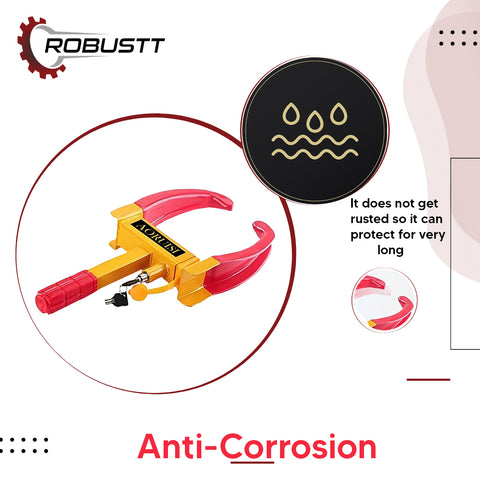 Robustt Wheel Lock, Red & Yellow, Anti-Theft Painted Tyre Lock with 3 Keys, Cold Rolled MS Steel Adjustable Heavy Duty, Wheel Lock for Car