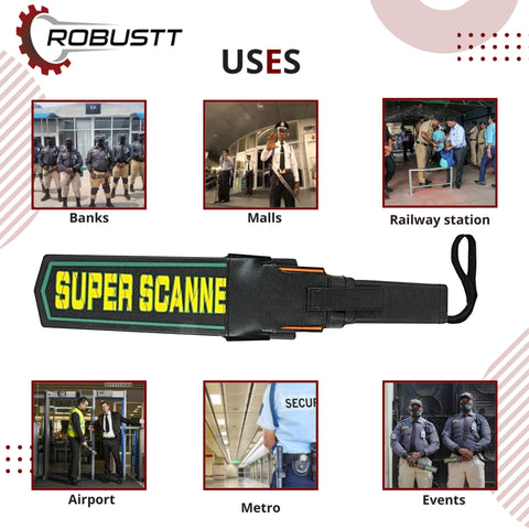 Robustt High Sensitivity Hand Held Metal Detector Leather case on Handle with Battery Included Alarm Mode -Sound, Vibration & Led Lights for Malls,  Airports, Railway Stations, Banks