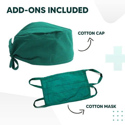 Care View Reusable & Washable Cotton Plain Weave Surgical Gown With Cotton Mask & Cap, Closed Back, Knitted Cuff And Lint Resistance (Green)