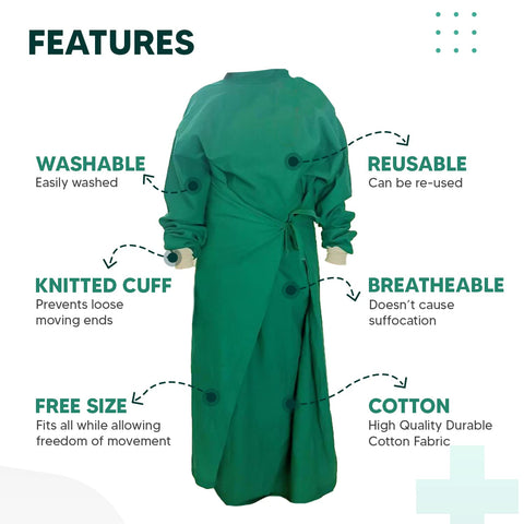 Care View Reusable & Washable Cotton Plain Weave Surgical Gown With Cotton Mask & Cap, Closed Back, Knitted Cuff And Lint Resistance (Green)