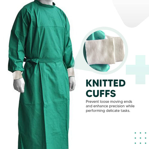 Care View Reusable & Washable Cotton Plain Weave Surgical Gown With Cotton Mask & Cap, Closed Back, Knitted Cuff And Lint Resistance (Green)
