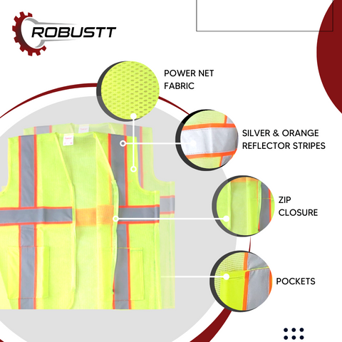 Robustt Polyster Fabric V Neck Reflective Safety Jacket, Safety Coat for Traffic, Sports, Construction Site (GREEN ZIPPER)