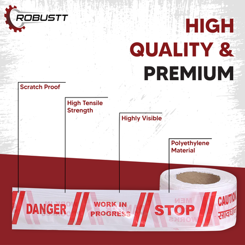 Robustt White & Red Barrication Tape (3 Inches x 130 Mtr) PVC Material, Caution/Danger/Men at Work, Warning Tape