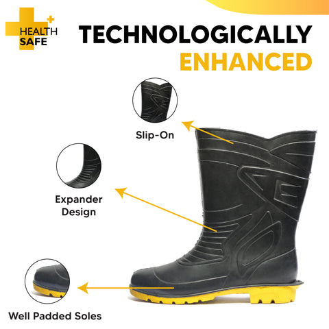 Health Safe Gum Boot For Men, (28.5cm Height) (Black/Yellow) Flexible PVC, Oil/Water/Acid Resistance, Industrial/Labor/Worker Purpose, Unisex Gumboot