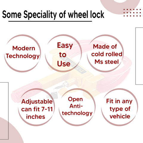 Robustt Wheel Lock, Red & Yellow, Anti-Theft Painted Tyre Lock with 3 Keys, Cold Rolled MS Steel Adjustable Heavy Duty, Wheel Lock for Car