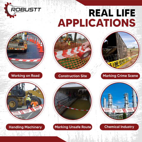 Robustt White & Red Barrication Tape (3 Inches x 130 Mtr) PVC Material, Caution/Danger/Men at Work, Warning Tape